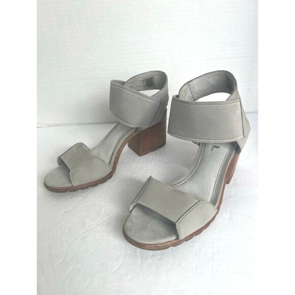 SOREL Nadia Leather/Textile Elastic Vamp Gray Stacked Heeled Slip On Sandals 8 - Picture 1 of 13